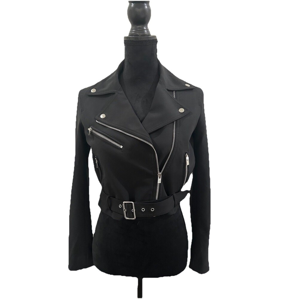 Club Monaco Womens SP Black Moto Jacket  Cropped Biker Style Zipper Polyester